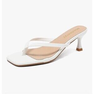 Women's Kitten Heels Flip Flops Square Toe Size 11 Slip On Thong Sandals White